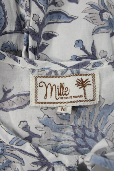Millie Women Tunic Blouse Blue Floral 3/4 Sleeve Round Neck Cotton Size M