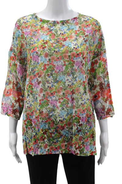 Warm Women Tunic Blouse Floral 3/4 Sleeve Multicolor Cotton Size 2