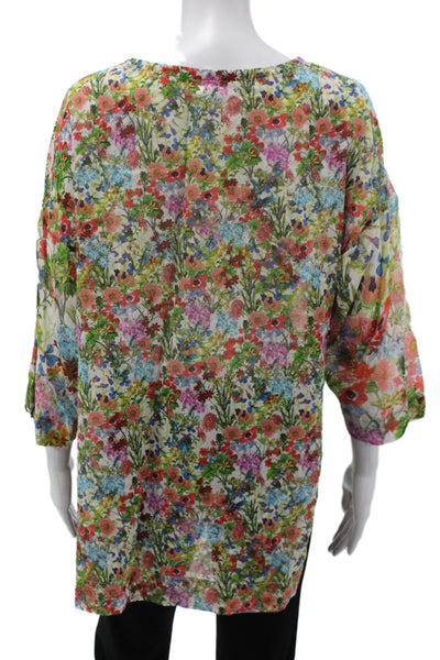 Warm Women Tunic Blouse Floral 3/4 Sleeve Multicolor Cotton Size 2