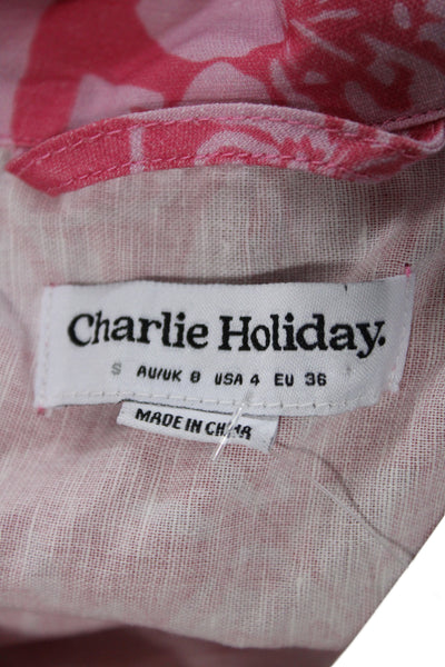 Charlie Holiday Women Pink Floral Collared Button-Up Short Sleeve Top Size 4