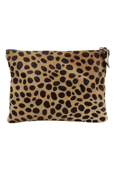 Clare Vivier Womens Calf Hair Leopard Print Zip Clutch Handbag Brown