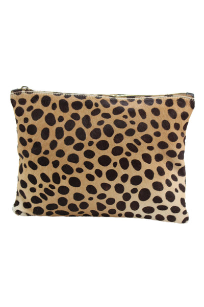 Clare Vivier Womens Calf Hair Leopard Print Zip Clutch Handbag Brown
