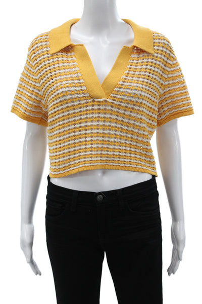 Derek Lam 10 Crosby Women Cropped Striped Polo Short Sleeve White Cotton Size L