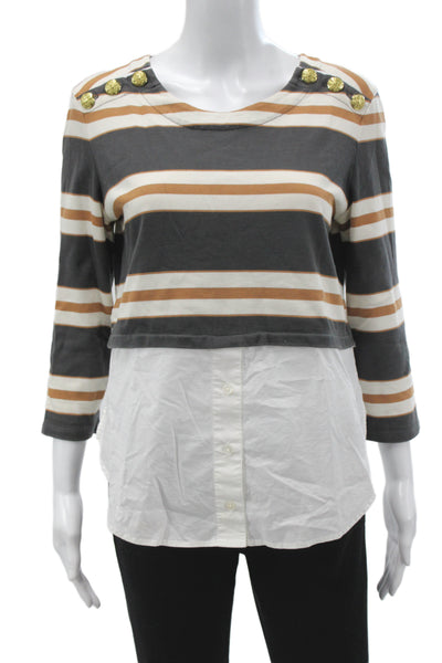 Veronica Beard Women Cropped Striped Cotton Blouse 3/4 Sleeve Brown Size S