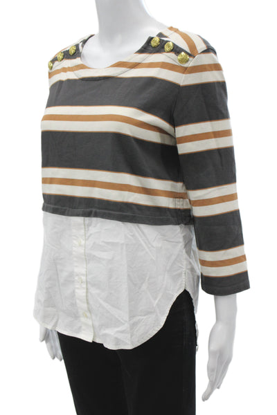 Veronica Beard Women Cropped Striped Cotton Blouse 3/4 Sleeve Brown Size S