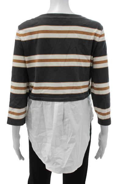 Veronica Beard Women Cropped Striped Cotton Blouse 3/4 Sleeve Brown Size S