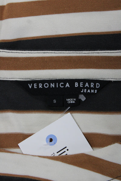 Veronica Beard Women Cropped Striped Cotton Blouse 3/4 Sleeve Brown Size S