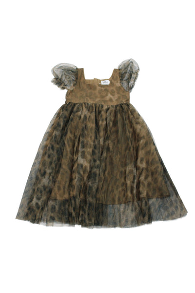 Lola + The Boys Girls Animal Print Mesh Tulle Short Sleeve Dress Brown Size 7