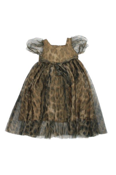 Lola + The Boys Girls Animal Print Mesh Tulle Short Sleeve Dress Brown Size 7