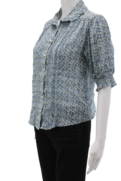 Birds of Paradis by Trovata Womens Floral Blue Short Sleeve Blouse Size XS