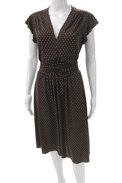Searle Women Fit & Flare Polka Dot Midi Dress Brown V-Neck Short Sleeve Size M