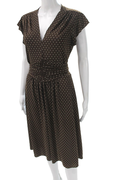 Searle Women Fit & Flare Polka Dot Midi Dress Brown V-Neck Short Sleeve Size M
