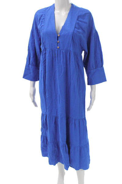 Zara Women Blue Linen V-Neck Maxi Dress 3/4 Sleeve Button Boho Size M