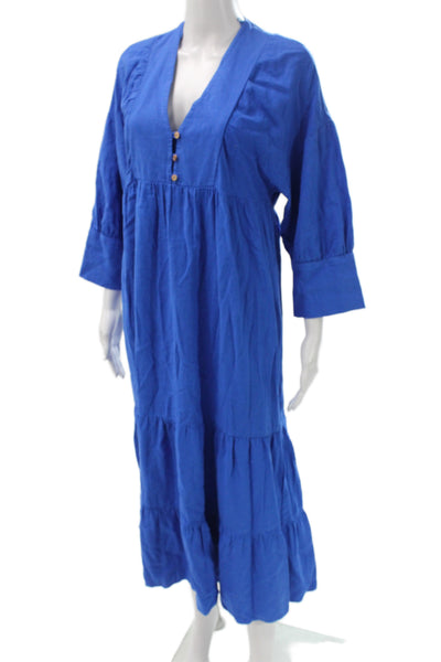 Zara Women Blue Linen V-Neck Maxi Dress 3/4 Sleeve Button Boho Size M