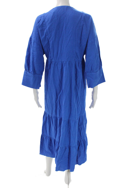 Zara Women Blue Linen V-Neck Maxi Dress 3/4 Sleeve Button Boho Size M