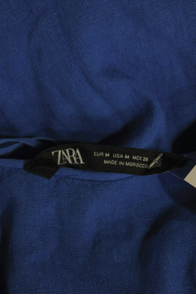 Zara Women Blue Linen V-Neck Maxi Dress 3/4 Sleeve Button Boho Size M