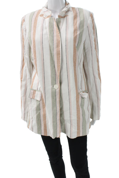 Rachel Zoe Women Beige Striped Basic Jacket Button Long Sleeve Linen Size L
