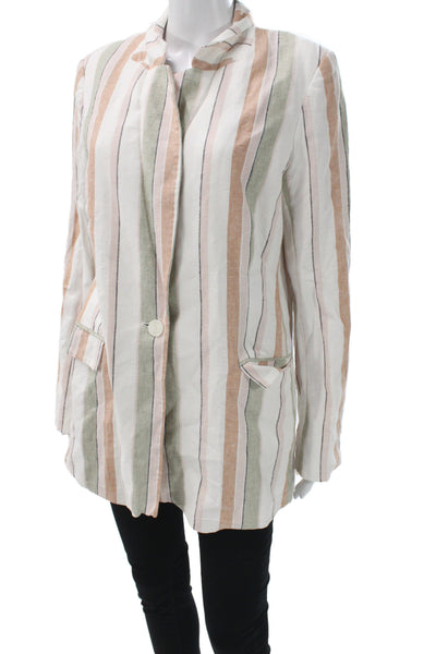 Rachel Zoe Women Beige Striped Basic Jacket Button Long Sleeve Linen Size L