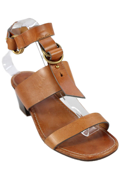 Chloe Womens Leather Buckled Ankle Strap Heeled Sandals Brown Size 8