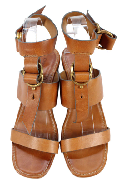 Chloe Womens Leather Buckled Ankle Strap Heeled Sandals Brown Size 8