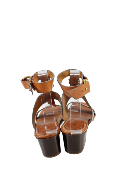 Chloe Womens Leather Buckled Ankle Strap Heeled Sandals Brown Size 8