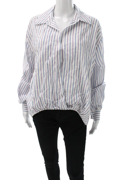 Cinq à Sept Women Blue Striped Collared Long Sleeve Basic Blouse Size S