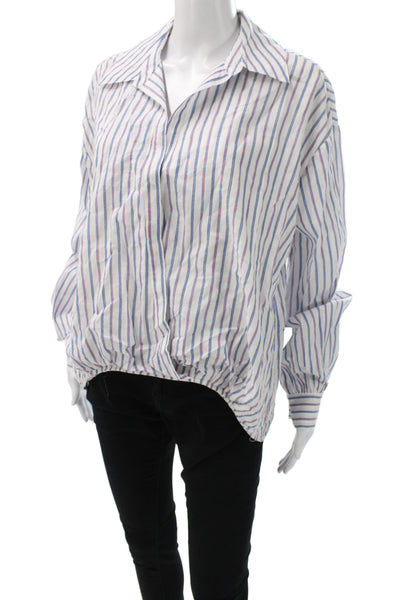 Cinq à Sept Women Blue Striped Collared Long Sleeve Basic Blouse Size S