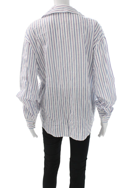 Cinq à Sept Women Blue Striped Collared Long Sleeve Basic Blouse Size S