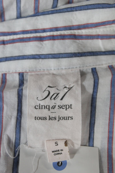 Cinq à Sept Women Blue Striped Collared Long Sleeve Basic Blouse Size S