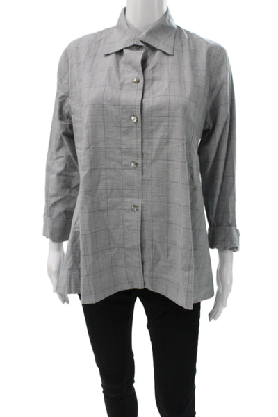 Vitamin Women Tunic Button-Up Gray Plaid Collared Cotton Long Sleeve Size M