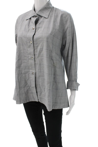 Vitamin Women Tunic Button-Up Gray Plaid Collared Cotton Long Sleeve Size M
