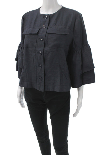 Lola & Sophie Womens Black Linen Basic Jacket Button 3/4 Sleeve Size M