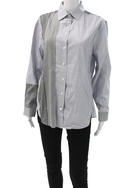 Hinson Wu Womens Striped Cotton Collared Button Up Top Blue Long Sleeve Size S