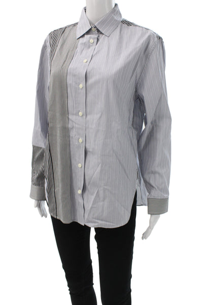Hinson Wu Womens Striped Cotton Collared Button Up Top Blue Long Sleeve Size S