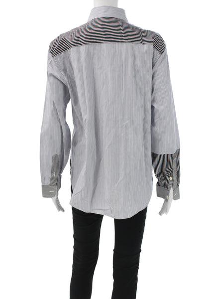 Hinson Wu Womens Striped Cotton Collared Button Up Top Blue Long Sleeve Size S