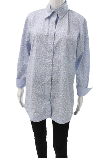 Finley Womens Tunic Button-Up Blue Floral Cotton Collared Long Sleeve Size S