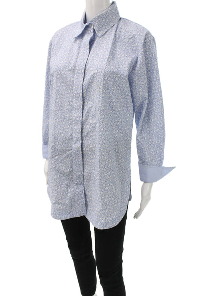 Finley Womens Tunic Button-Up Blue Floral Cotton Collared Long Sleeve Size S