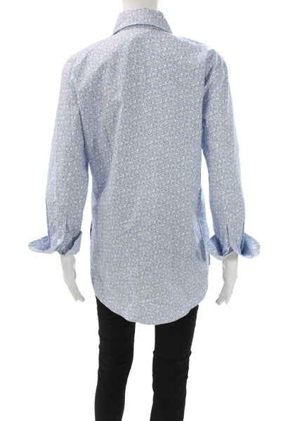 Finley Womens Tunic Button-Up Blue Floral Cotton Collared Long Sleeve Size S