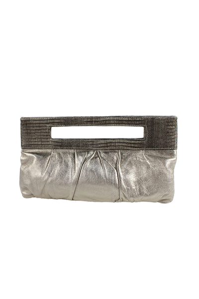 BCBGMAXAZRIA Womens Metallic Leather Top Handle Clutch Handbag Gray
