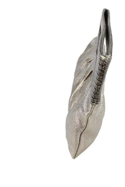 BCBGMAXAZRIA Womens Metallic Leather Top Handle Clutch Handbag Gray
