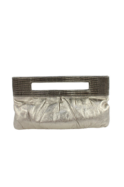 BCBGMAXAZRIA Womens Metallic Leather Top Handle Clutch Handbag Gray