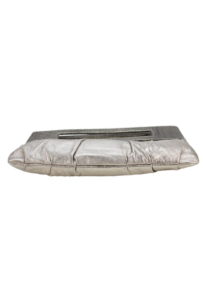 BCBGMAXAZRIA Womens Metallic Leather Top Handle Clutch Handbag Gray