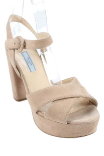 Prada Womens Suede Ankle Strap Platform Sandals Heels Pink Size 36.5 6.5