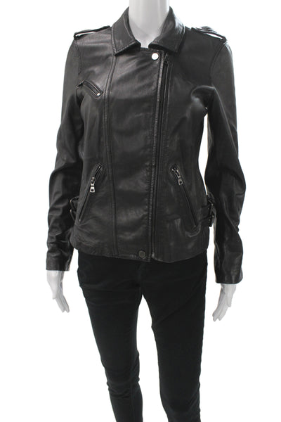 Rebecca Taylor Womens Black Leather Biker Jacket Button Size 2