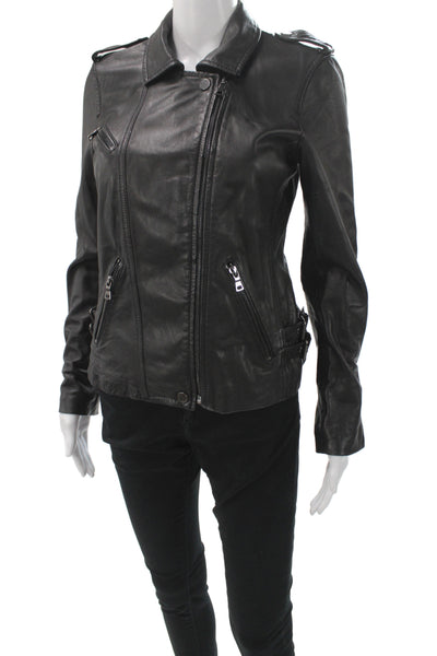 Rebecca Taylor Womens Black Leather Biker Jacket Button Size 2