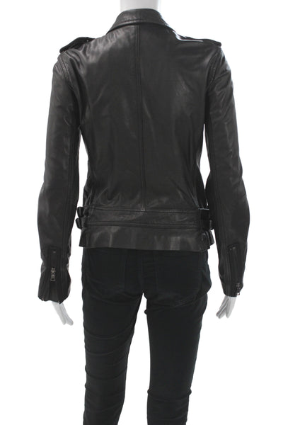 Rebecca Taylor Womens Black Leather Biker Jacket Button Size 2