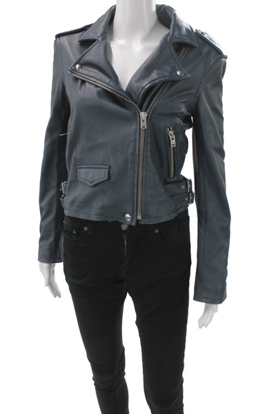 IRO Women Biker Leather Jacket Blue Zip Long Sleeve Size 38