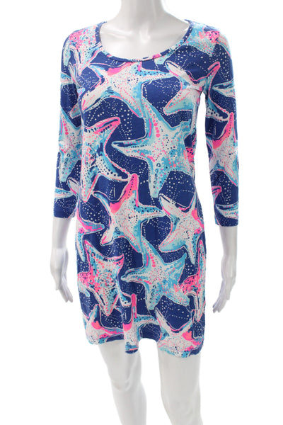 Lilly Pulitzer Women Shift Dress Blue Pima Cotton 3/4 Sleeve Short Size S