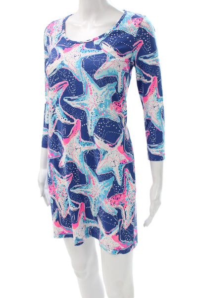 Lilly Pulitzer Women Shift Dress Blue Pima Cotton 3/4 Sleeve Short Size S