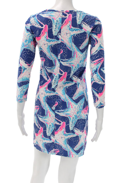 Lilly Pulitzer Women Shift Dress Blue Pima Cotton 3/4 Sleeve Short Size S